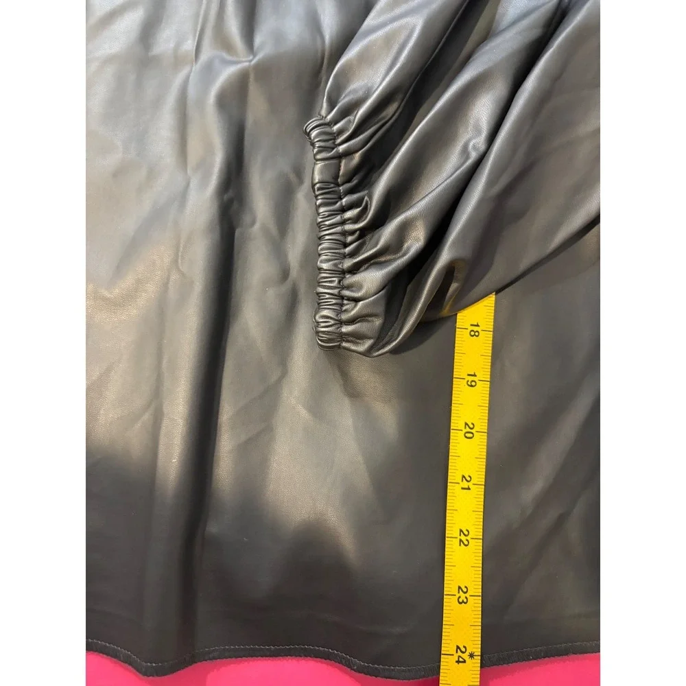 BANANA REPUBLIC Black Faux Leather Puff Sleeve Blouse Sz M Edgy Sleek Minimalist